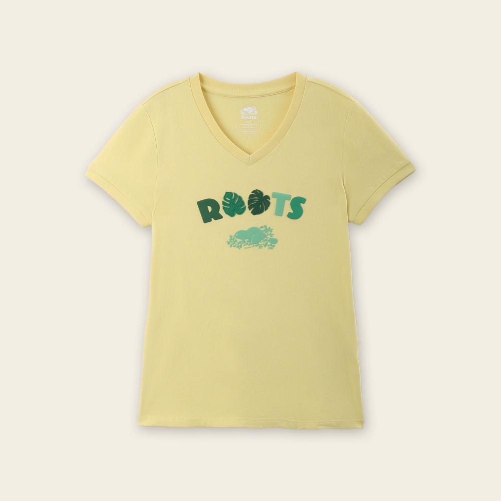 Roots 女裝- ROOTS LEAF V領修身短袖T恤(奶油黃)-XXS