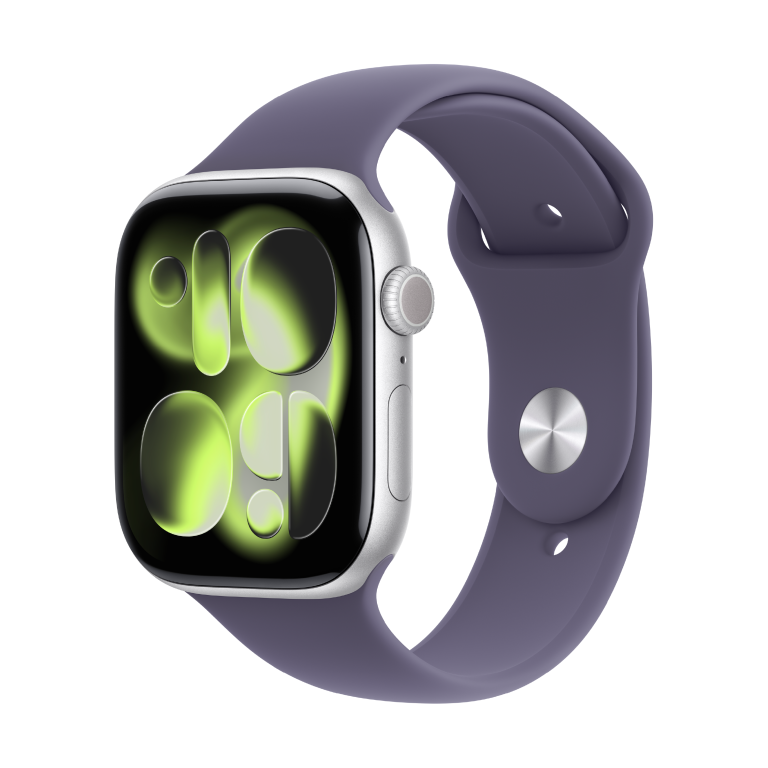 Apple Watch S11 46mm銀鋁金屬配霧紫運動錶帶S/M MEV94