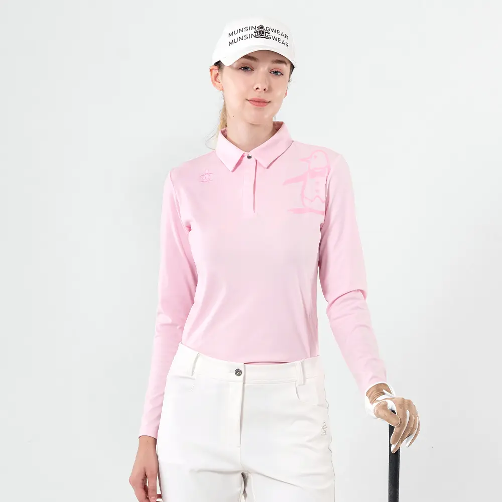 【Munsingwear】女款粉色大LOGO印花長袖POLO衫