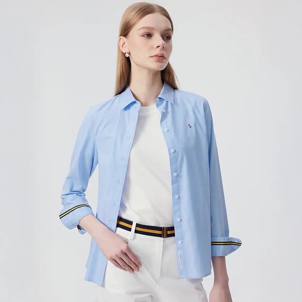 【HAZZYS】女款天空藍品牌經典款牛津布硬挺休閒商務百搭長袖襯衫-M