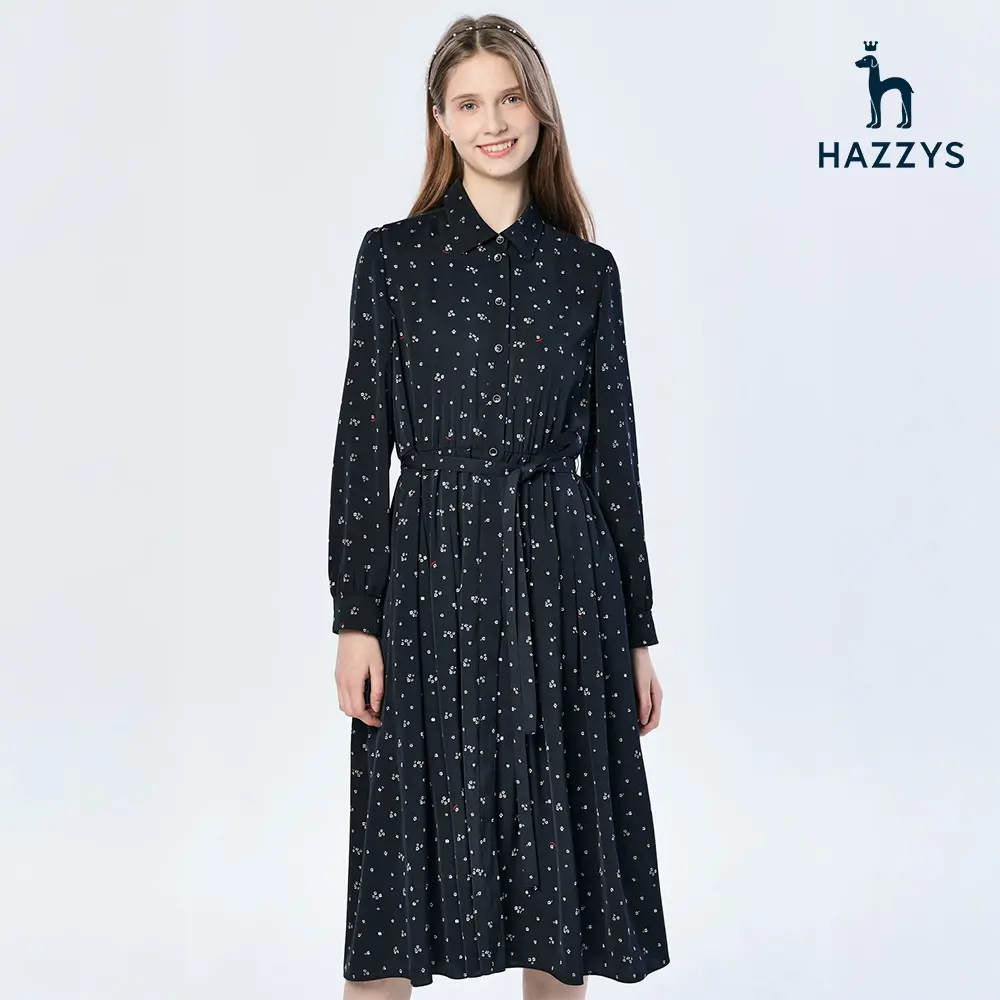 【HAZZYS】女款深藍色優雅花卉設計附可調腰帶小碎花洋裝-67