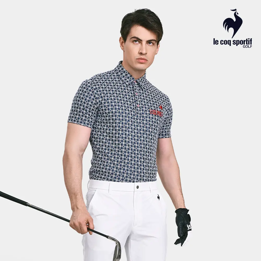 【LE COQ SPORTIF GOLF】男款深藍色格紋輕薄短袖POLO衫-M