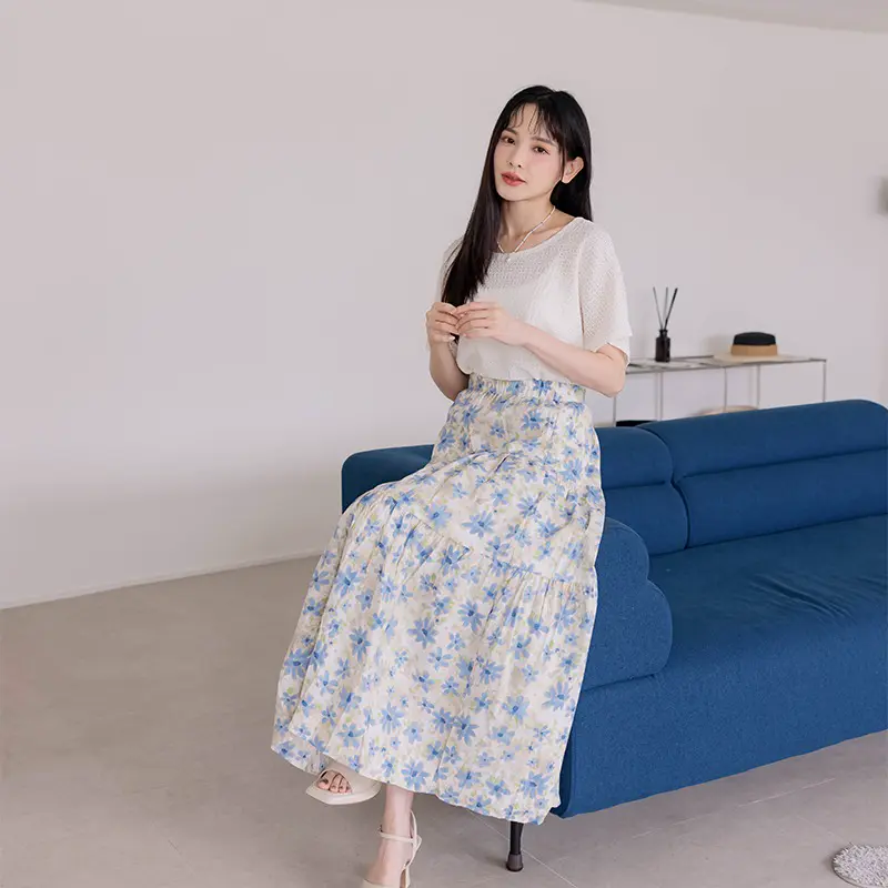 【台中店】HOME SHOP-藍綠葉蛋糕裙 天空藍