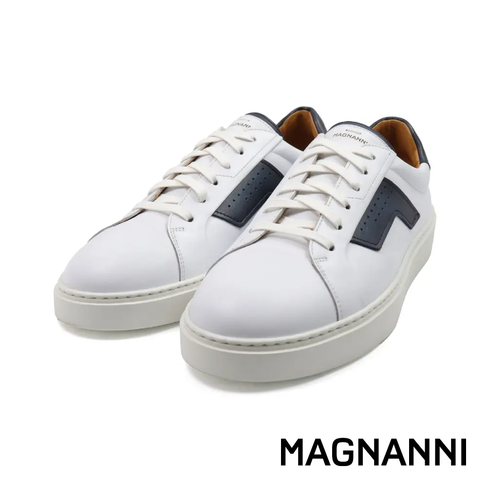 【MAGNANNI】西班牙真皮雙色拼接綁帶休閒鞋 白色-41