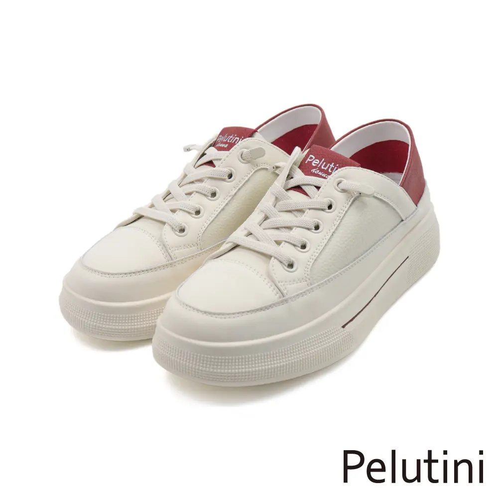 【Pelutini】撞色造型增高厚底綁帶休閒鞋 紅色-35