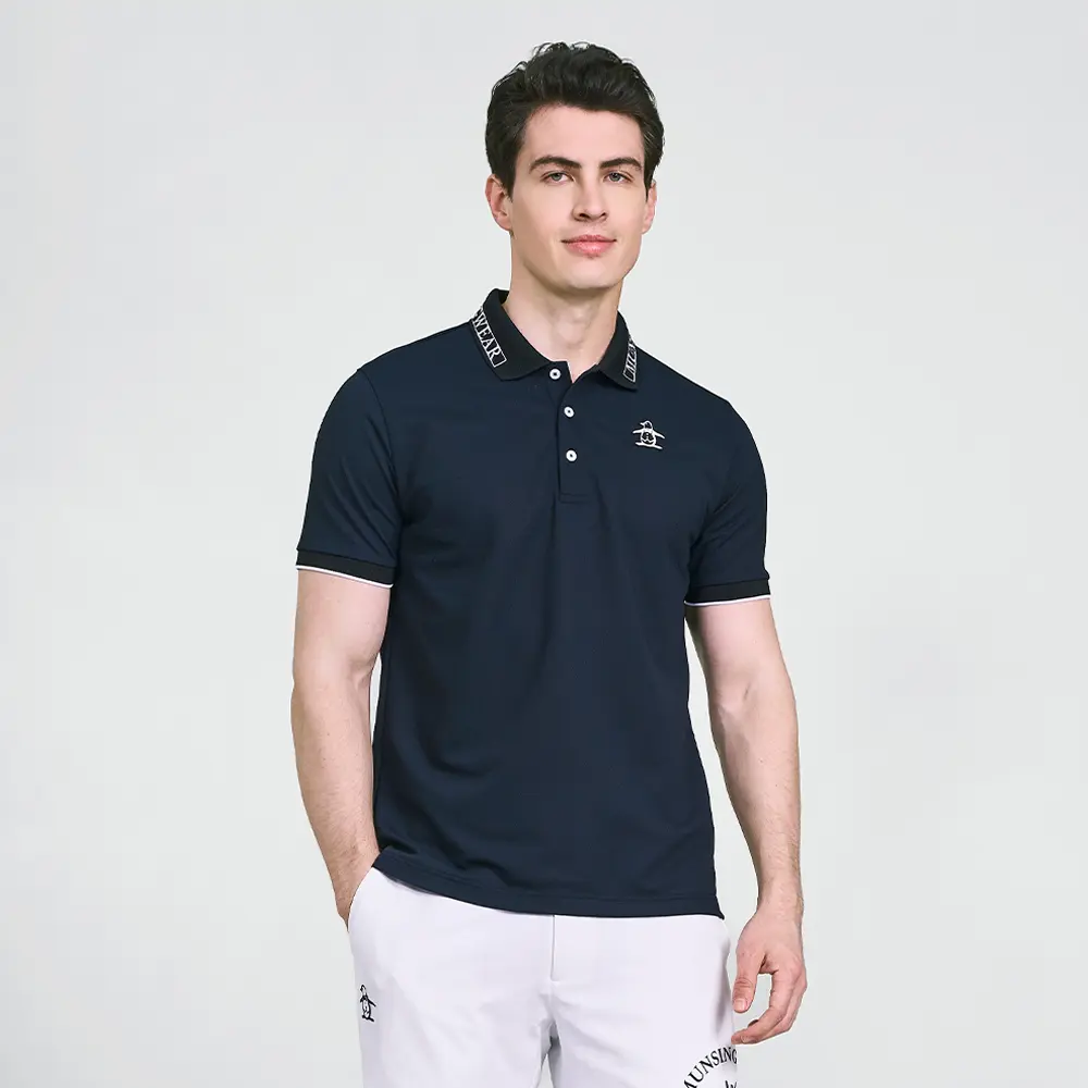 【Munsingwear】男款黑色日製文字印花領短袖POLO衫-LL