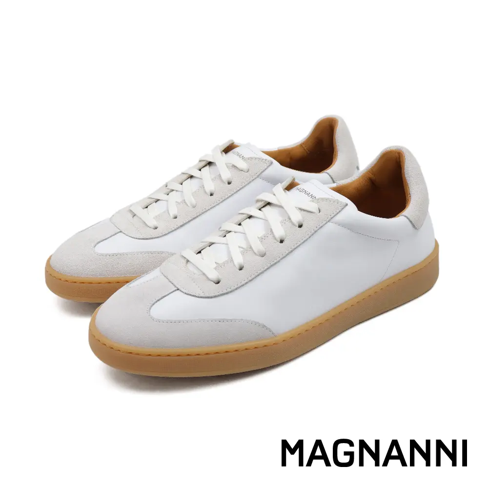 【MAGNANNI】西班牙手工拼接造型綁帶休閒鞋 白色-44