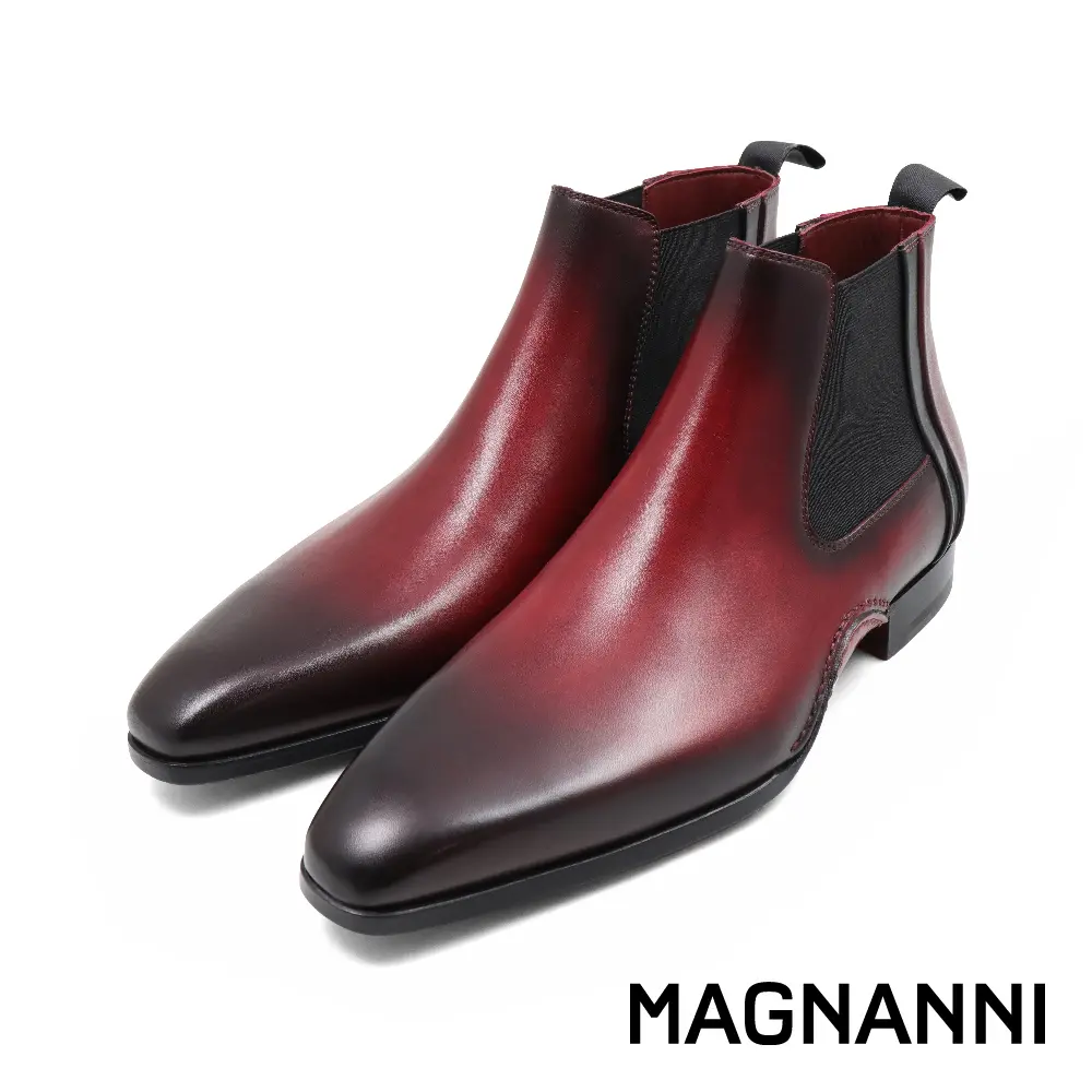【MAGNANNI】西班牙手工真皮拼接雙色切爾西靴 棕紅色-42