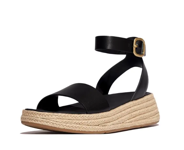 fitflop-F-MODE草編皮革綁帶涼鞋-黑色-US9(27.5cm)
