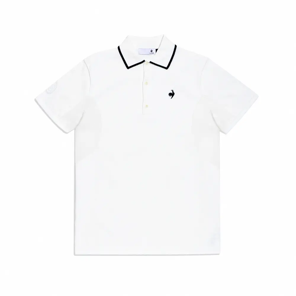 【LE COQ SPORTIF GOLF】男款白色法式襯領針織短袖POLO衫-M