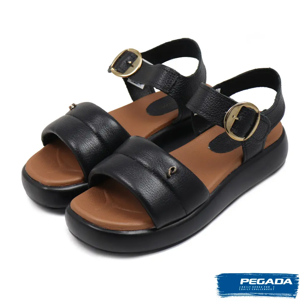 【PEGADA】可調式扣環軟墊厚底皮質涼鞋 黑色-40