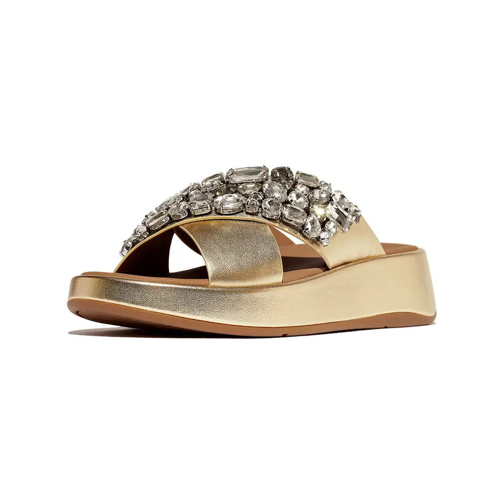 FITFLOP-F-MODE華麗寶石皮革厚底交叉涼鞋-金色,US 8