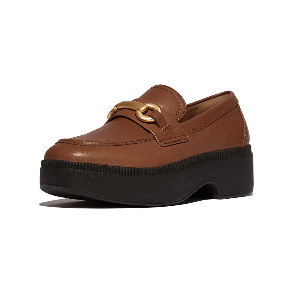 【fitflop】F-LUMA 馬銜釦皮革方頭厚底樂福跟鞋-深棕褐色-US 6