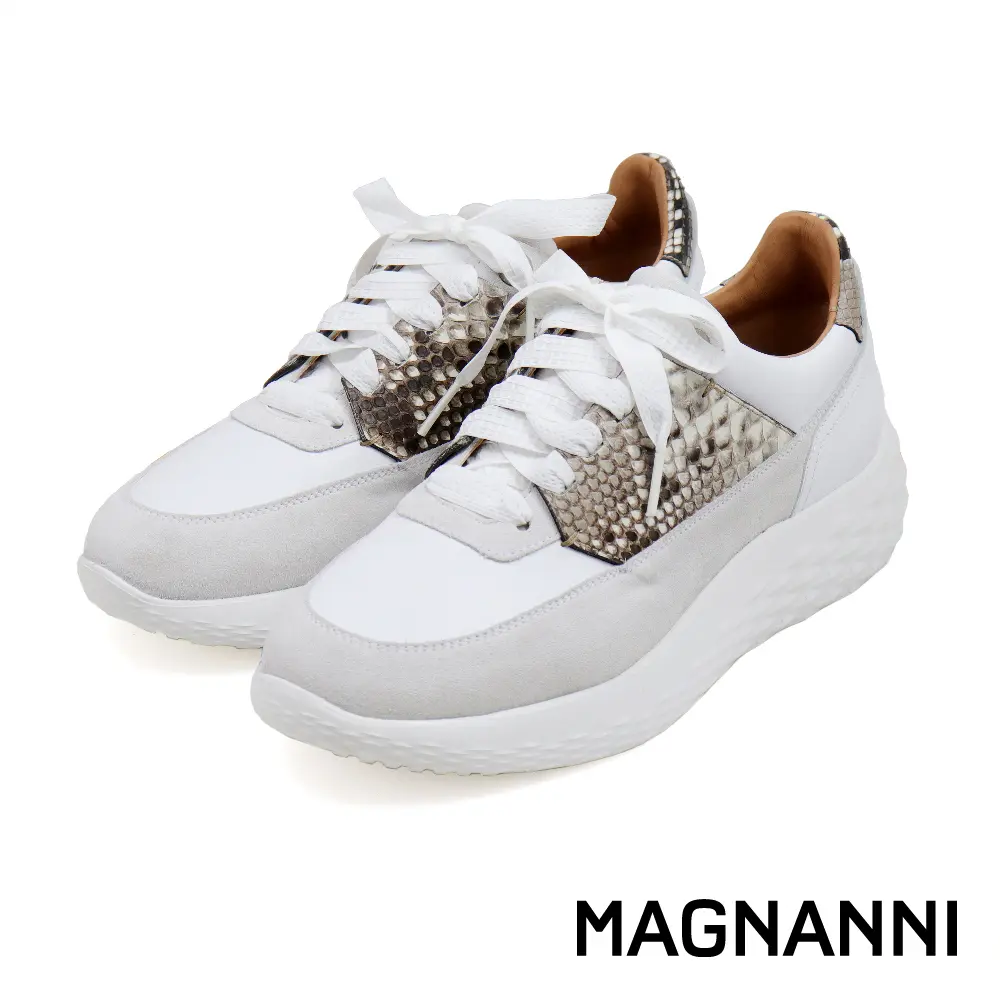 【MAGNANNI】西班牙厚底軟墊蛇紋綁帶休閒鞋 白色-36