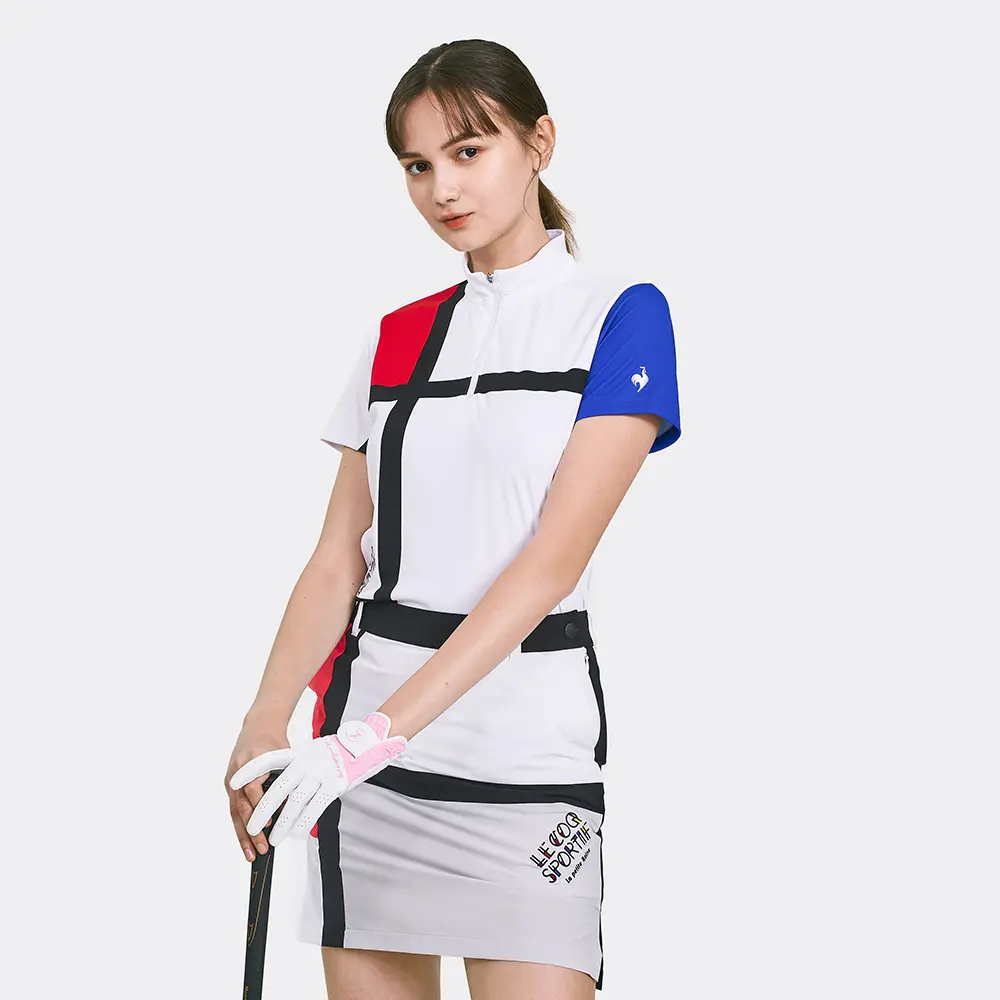 【LE COQ SPORTIF GOLF】女款白色抽象風格圖案寬袖防曬polo衫-M