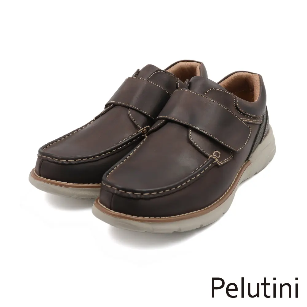 【Pelutini】舒適軟墊魔鬼氈縫線造型休閒鞋 深棕色-44
