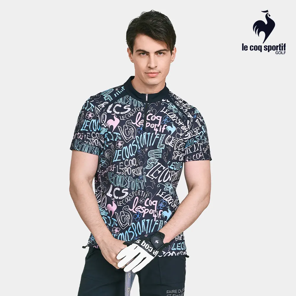 【LE COQ SPORTIF GOLF】黑色滿版LOGO印花聯名款POLO衫-黑,M