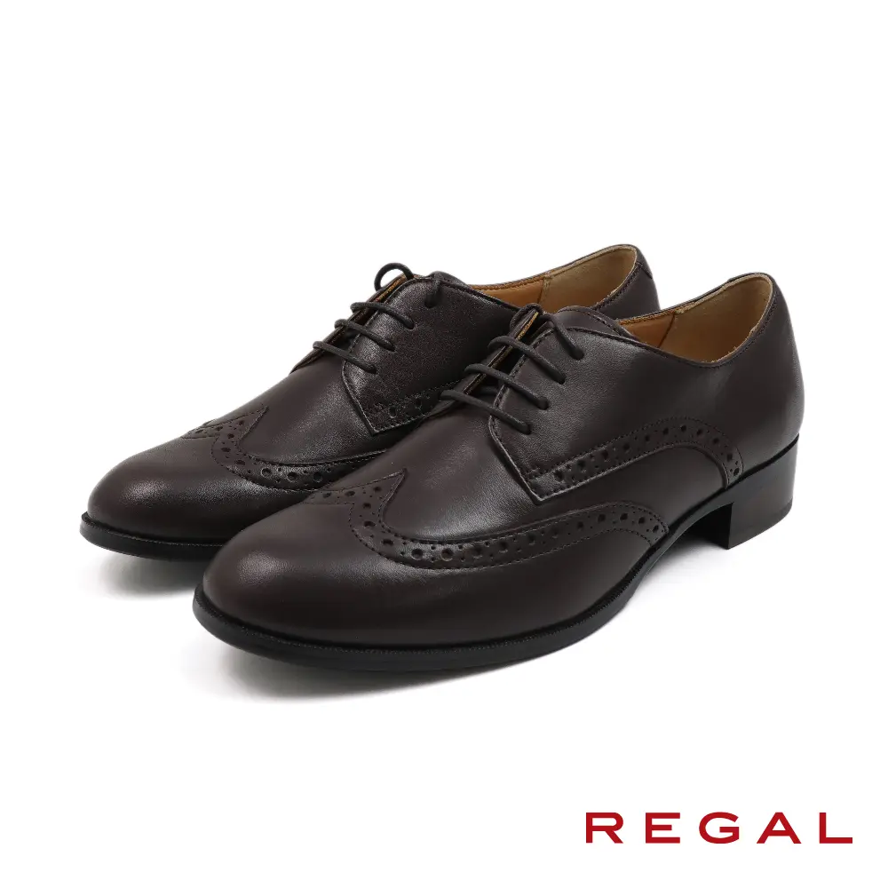 【REGAL】日本原廠經典翼紋雕花粗跟德比鞋 棕色-US5.5(24.5cm)