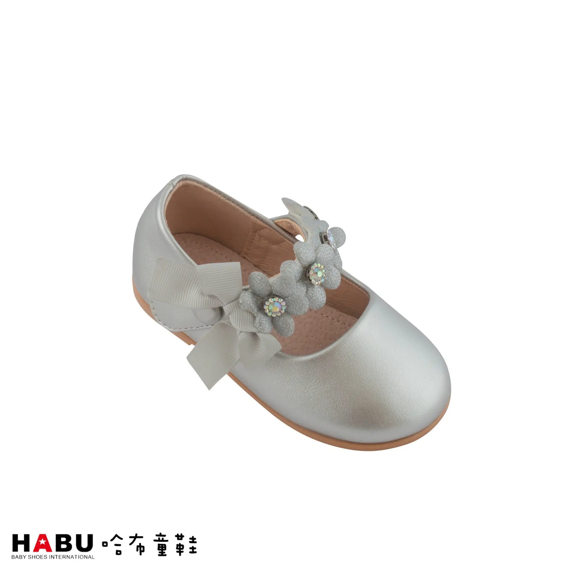 台中店-HABU-花朵蝴蝶結繫帶娃娃鞋(銀)-29