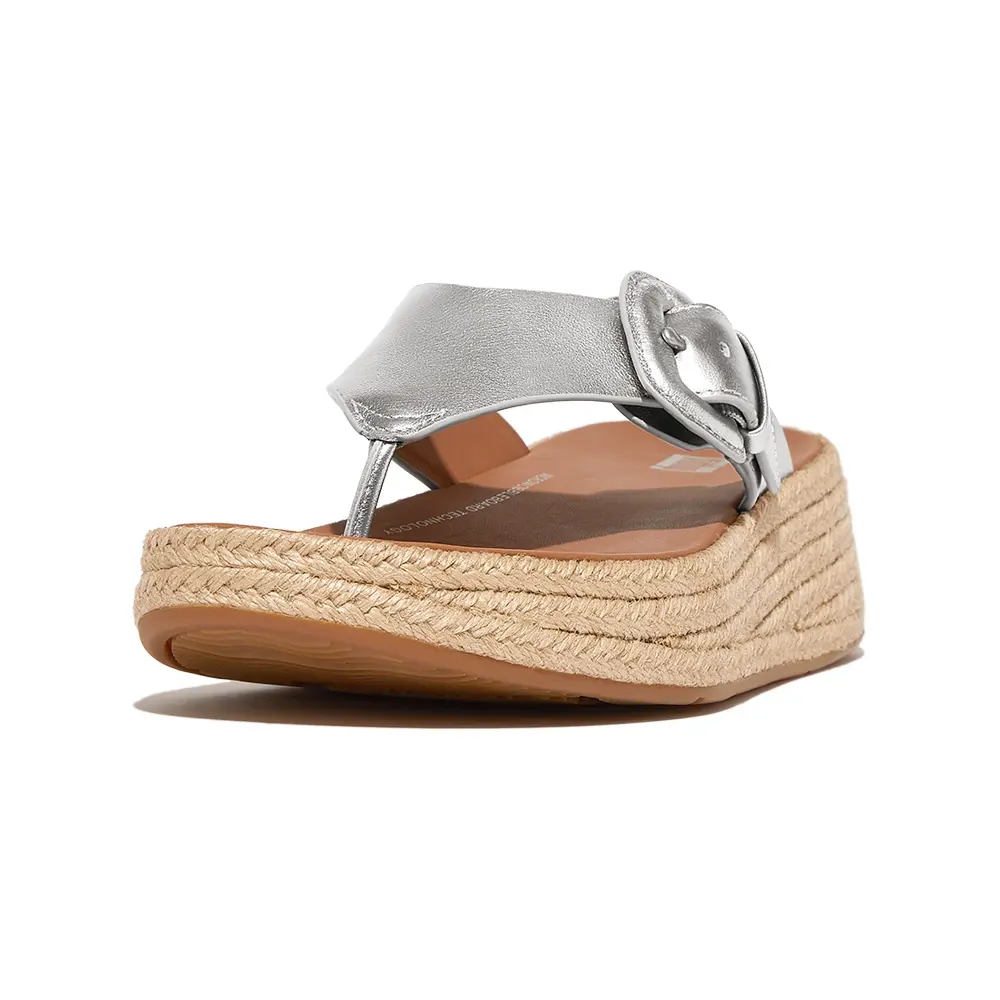 [fitflop]F-MODE 草編調整式扣環金屬皮革厚底夾脚涼鞋-銀色-US 6