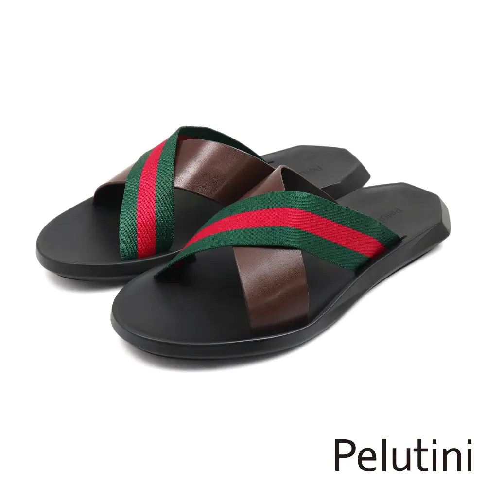【Pelutini】休閒止滑交叉織帶造型拖鞋 紅綠色-44
