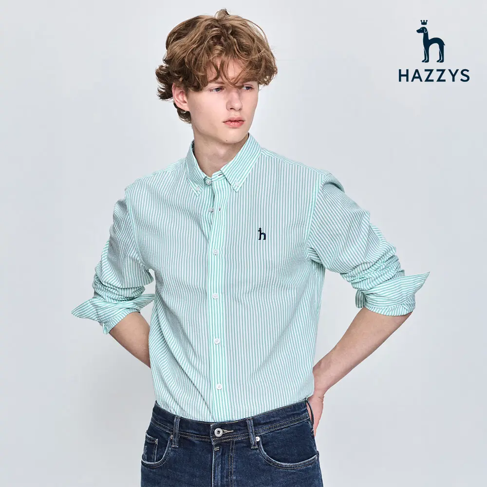【HAZZYS】男款淺綠色夏季輕盈透氣商務休閒基本款長袖條紋襯衫-M