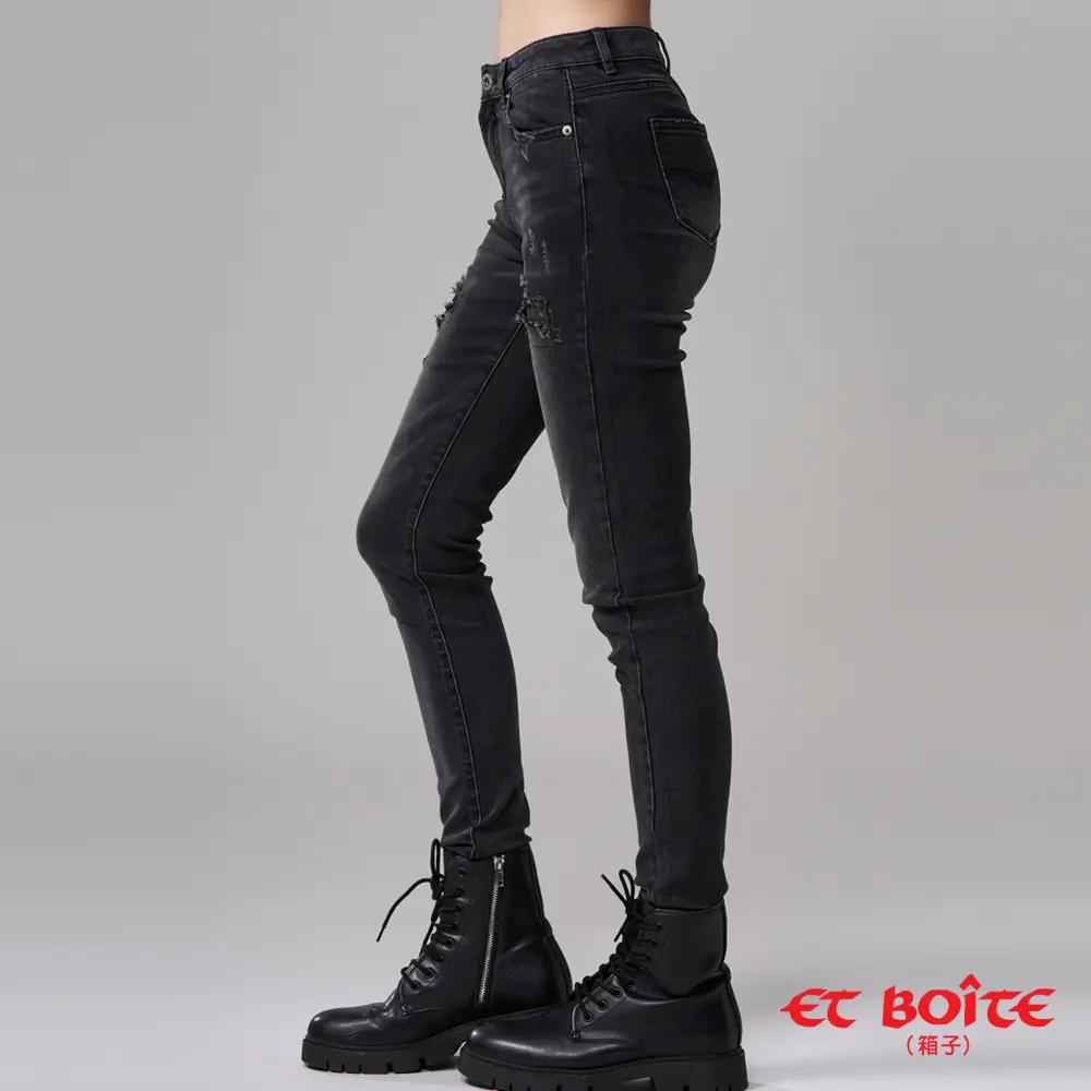 【BLUE WAY】ET BOîTE 箱子-黑曜有彈丹寧中腰繡花小直筒褲-XL