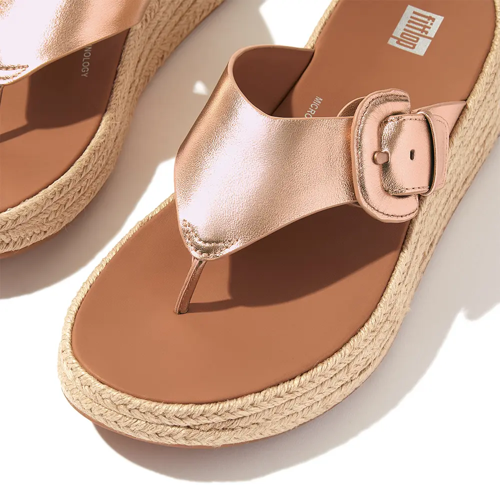 fitflop 草編調整式扣環金屬皮革厚底夾脚涼鞋-玫瑰金色-US 6