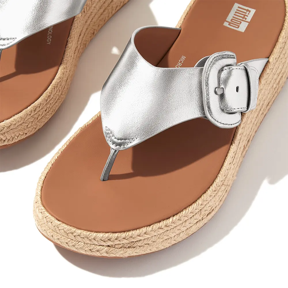 fitflop 草編調整式扣環金屬皮革厚底夾脚涼鞋-銀色-US 5