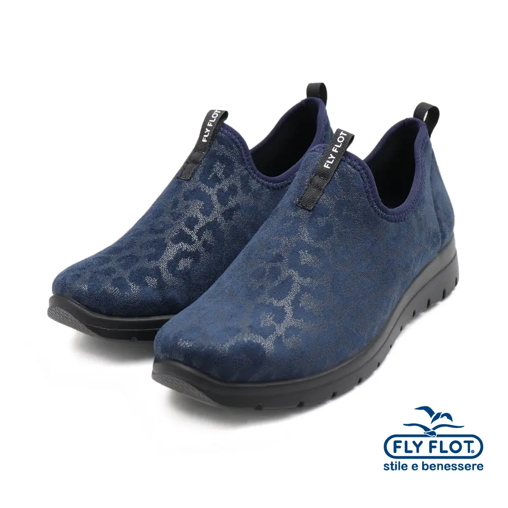 【FLYFLOT】義大利原廠厚底豹紋造型懶人休閒鞋 深藍色-37