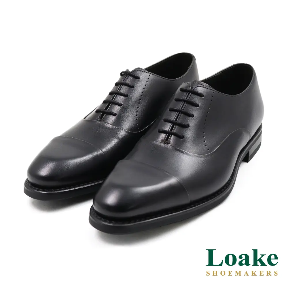 【LOAKE】英國經典簡約壓孔壓線造型橫飾牛津鞋 黑色-US8(24.5cm寬楦)