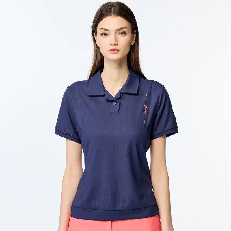 【PING】女款古巴領吸濕排汗涼感短袖POLO衫-藍-L