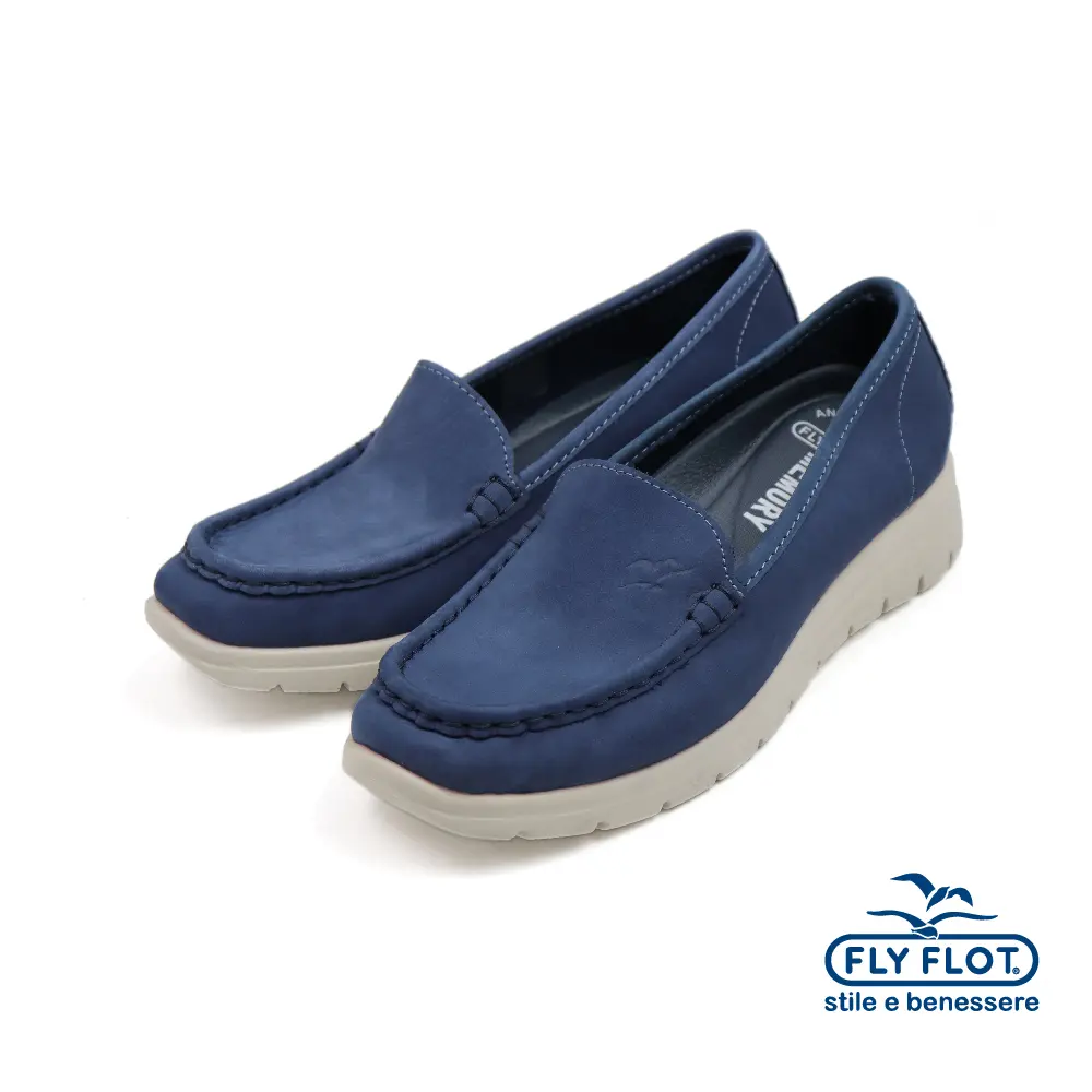 【FLYFLOT】義大利原廠麂皮素面軟墊懶人休閒鞋 海軍藍-38