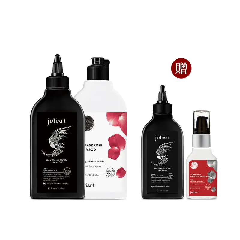 【台中店-juliArt】淨化洗護組-甘草次酸角質淨化液(經典)220ml,大馬士革玫瑰精萃洗髮精330ml,贈甘草次酸角質淨化液75ml(經典)+大馬士革玫瑰精萃魔髮精靈30ml
