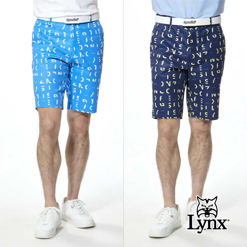【Lynx Golf】防潑水Lynx印花透氣織帶鉚釘口袋平口休閒短褲-深藍,32