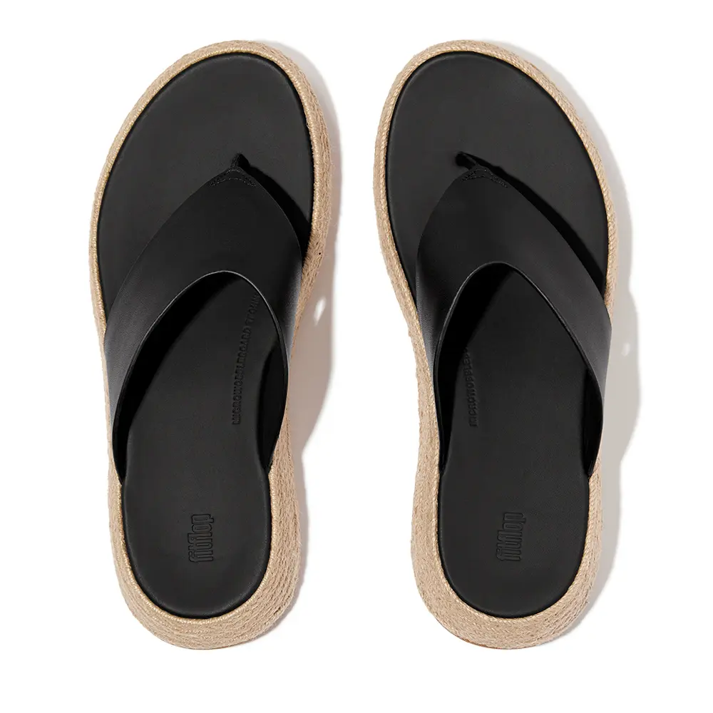 FITFLOP-F-MODE草編皮革厚底夾腳涼鞋-黑色,US 6
