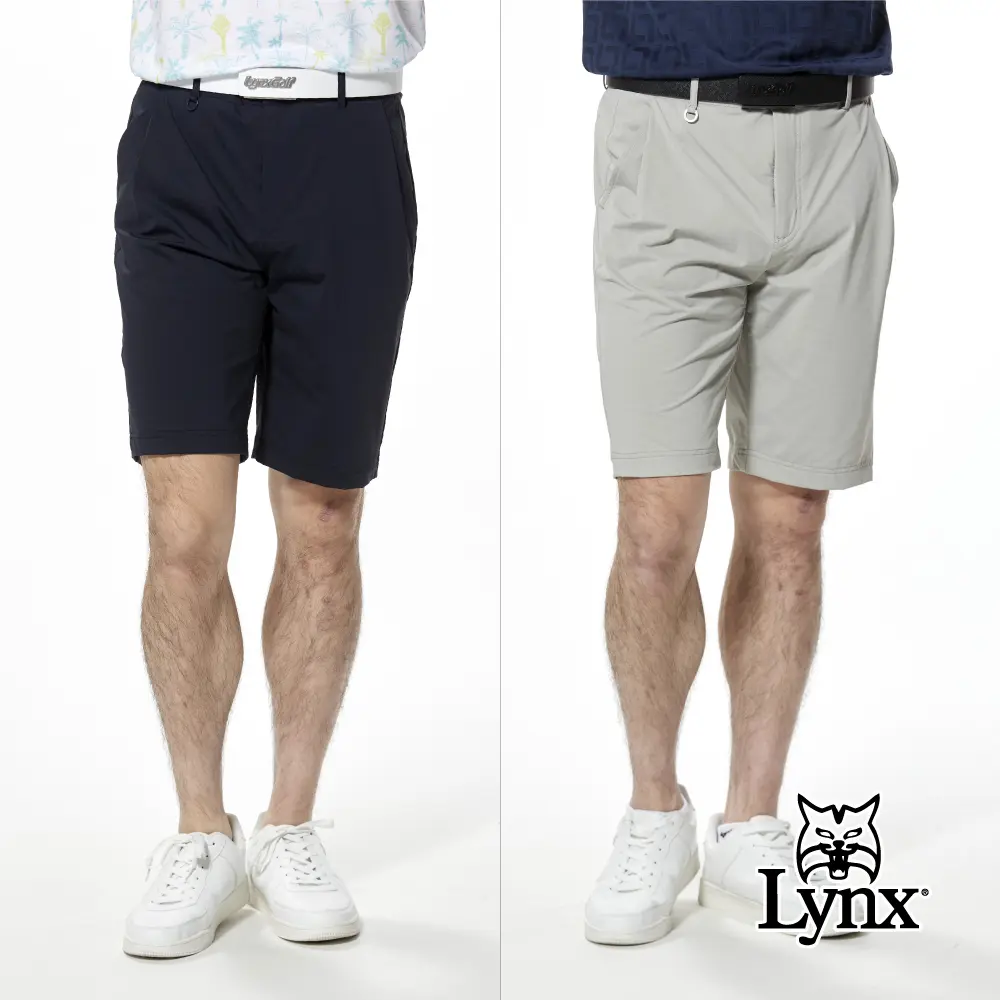 【Lynx Golf】日本面料極簡外觀三色織帶造型袋口單折休閒短褲-深藍色,32