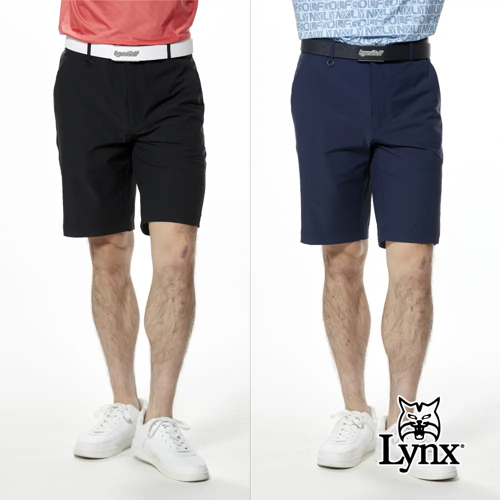 【Lynx Golf】吸汗速乾涼感壓紋織帶剪接拉鍊口袋平口休閒短褲-深藍,36