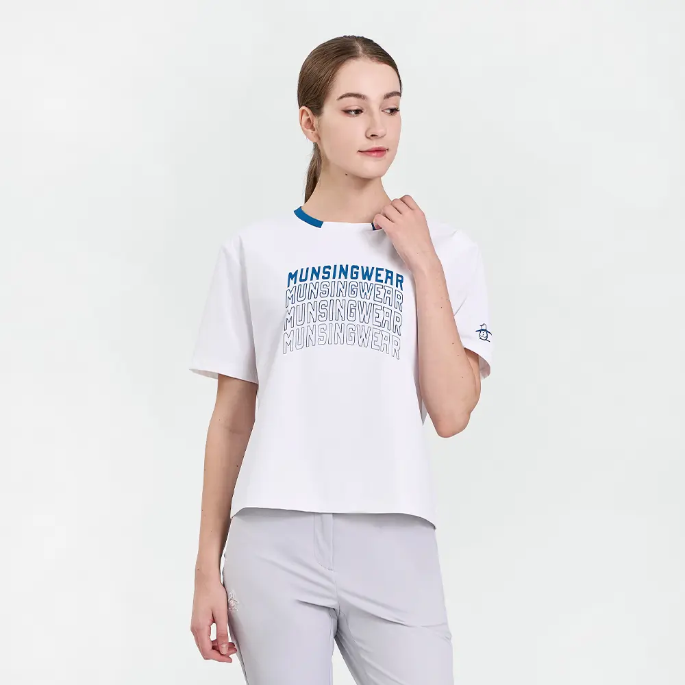 【Munsingwear】女款白色撞色寬袖口舒適短版休閒短袖T-SHIRT