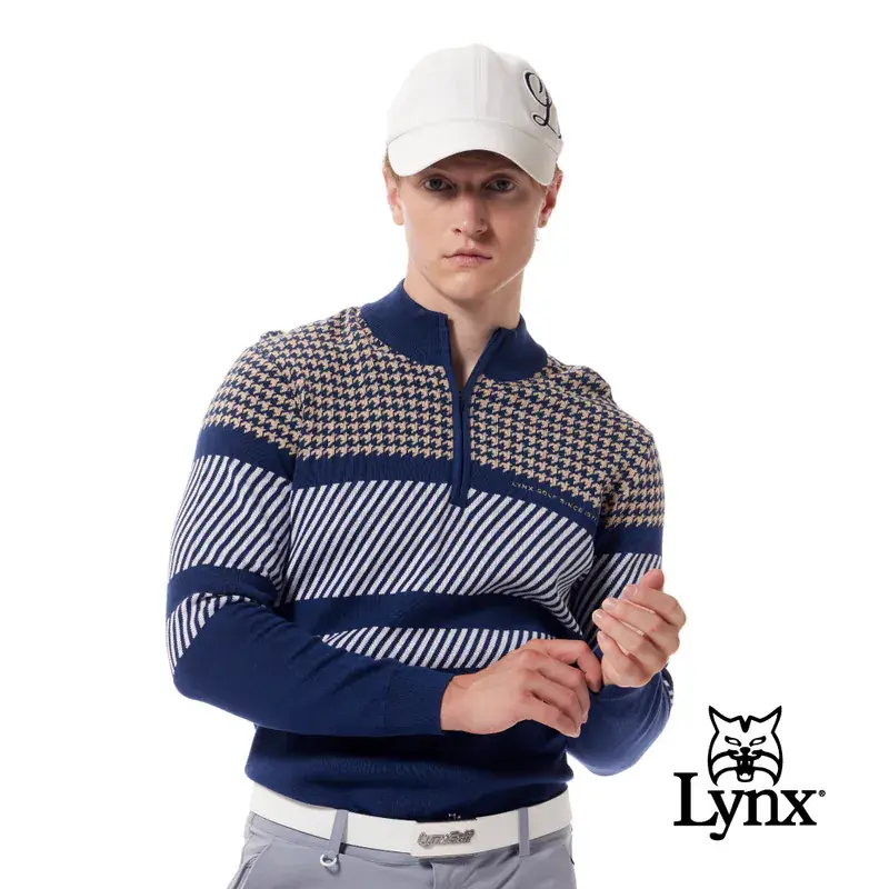 【Lynx Golf】莫代爾材質經典千鳥/斜紋Lynx繡花造型長袖針織毛衣-藍色,L