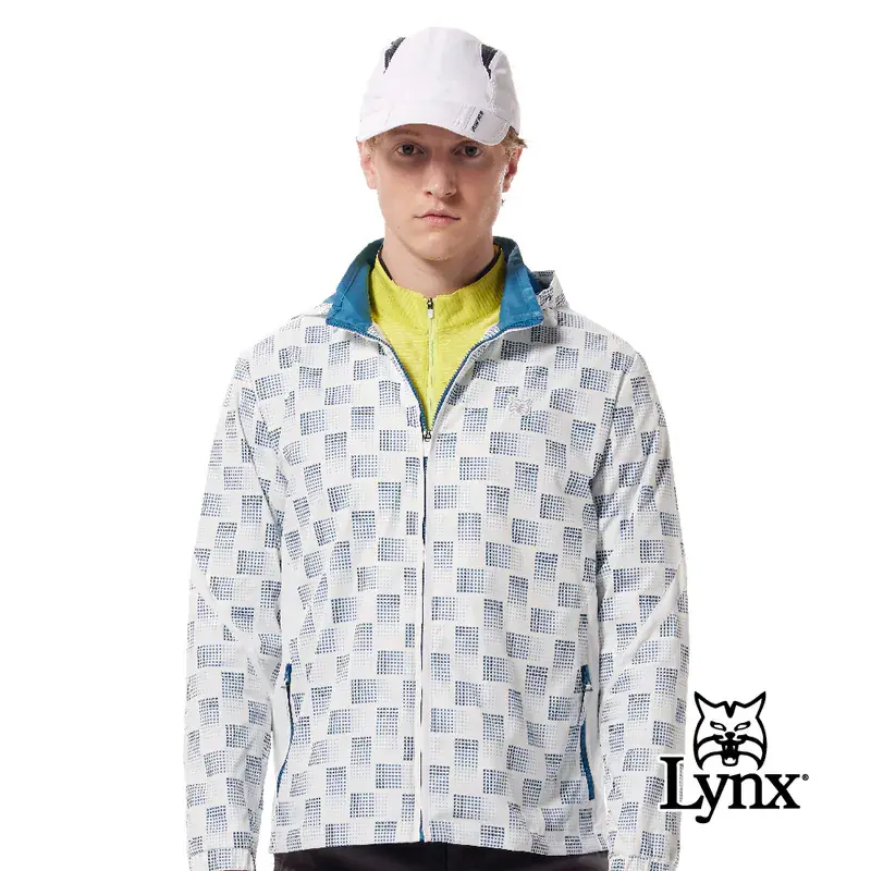 【Lynx Golf】男款防風防潑水漸層方格造型印花拉鍊口袋長袖可拆式連帽外套-藍色,M