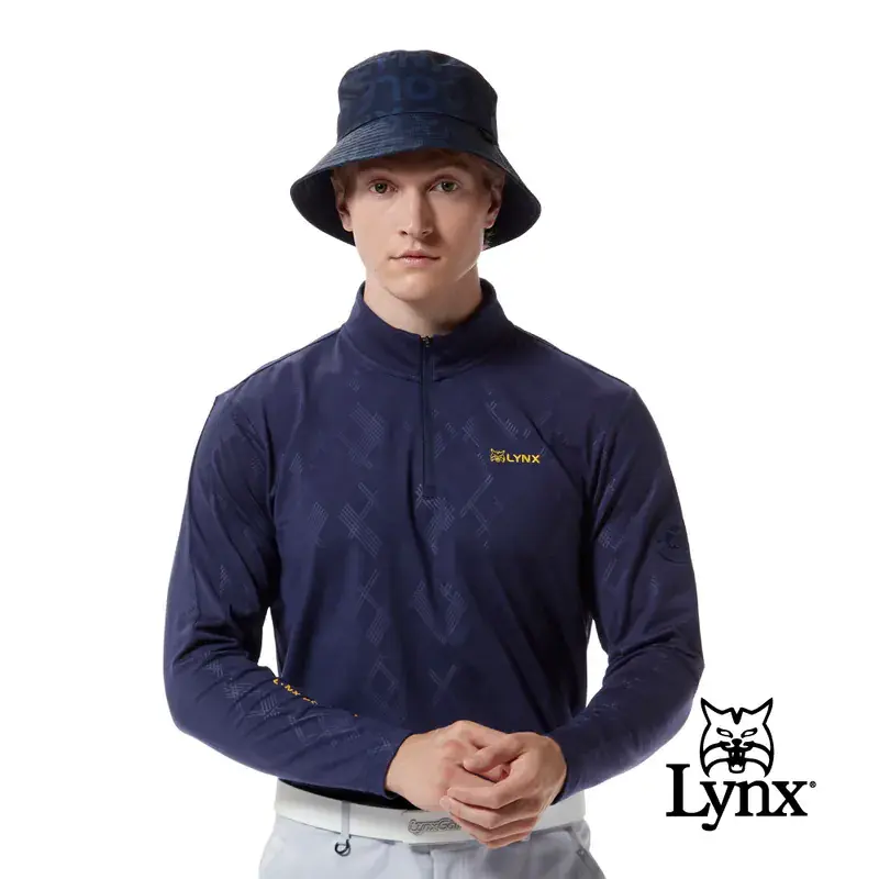 【Lynx Golf】彈性舒適刷毛精美菱格壓光工藝徽章長袖立領高爾夫球衫-深藍色,XL