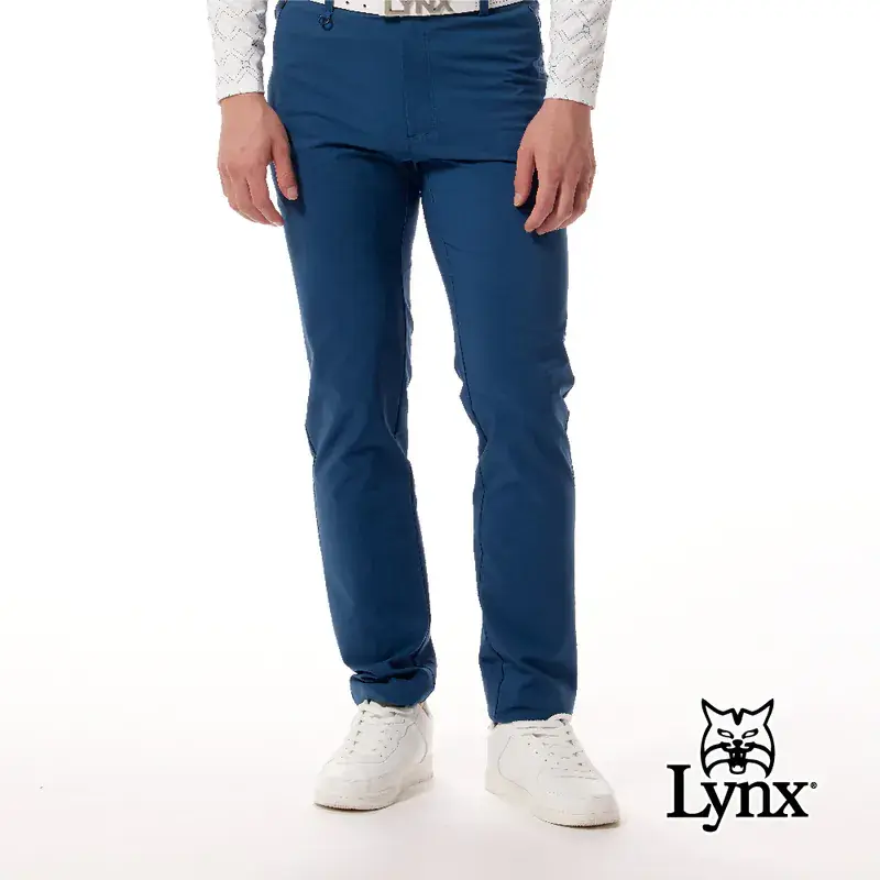 【Lynx Golf】彈性舒適防潑水剪接羅紋織帶設計隱形拉鍊口袋平口窄管休閒褲-藍色,32