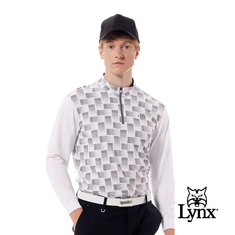【Lynx Golf】吸溼排汗內刷毛印花反光貼膜剪接造型長袖立領高爾夫球衫-白色,L