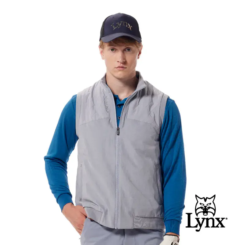 【Lynx Golf】男款保暖防風背心異素材剪接仿麂皮面料拉鍊口袋無袖背心-灰色,LL