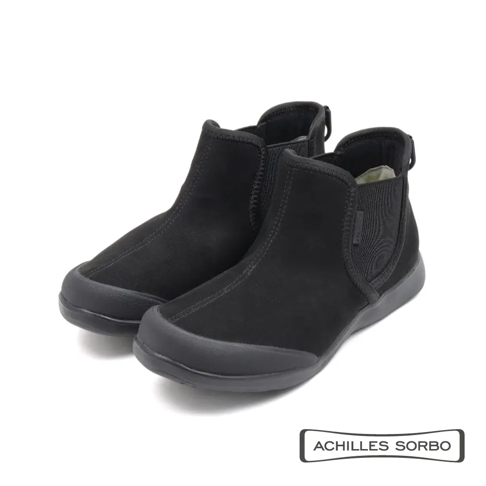 【Achilles】絨布質感伸縮軟墊拼接造型短靴 黑色-39