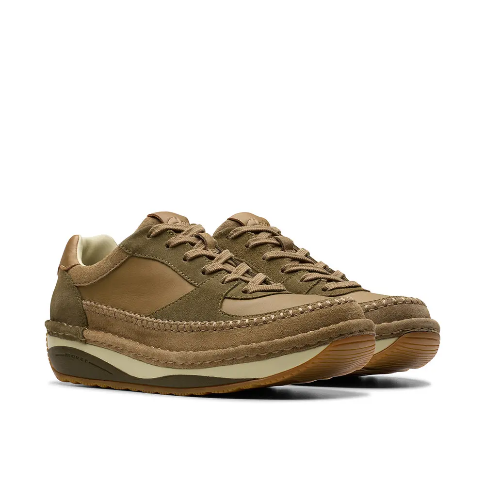 【Clarks】優躍系列異材質拼接縫線設計厚底休閒鞋(橄欖綠)-US8(24.5cm寬楦)