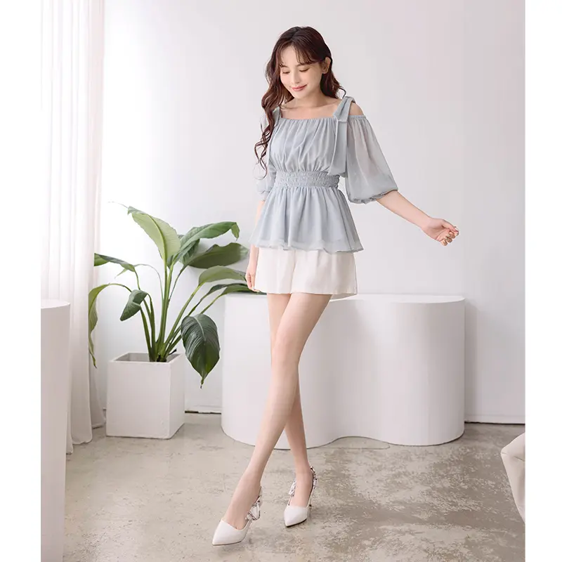 【HOME SHOP】仙氣綁帶露肩上衣 綠色-M