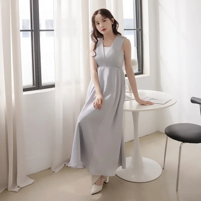 【HOME SHOP】輕奢感背心長洋裝-淺藍色,L