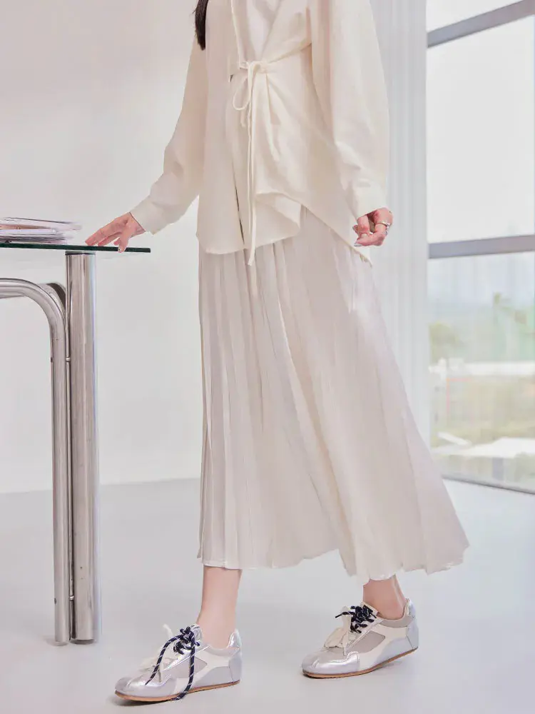 【OH! HER】珠光顯瘦百褶長裙-杏色,M